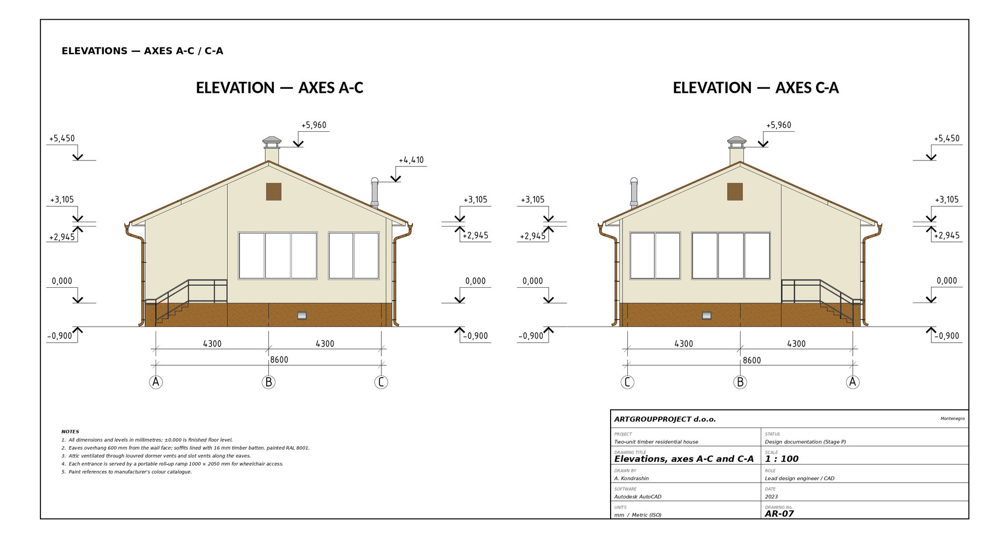 AR-07   Elevations, axes A-C / C-A