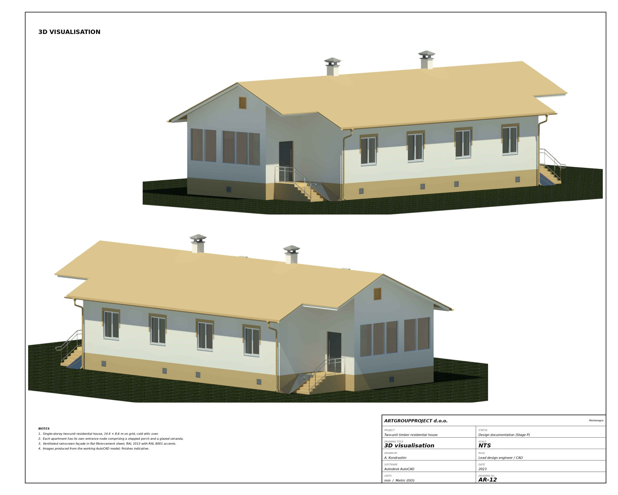Two-dwelling single-storey timber house, 3D visualisation