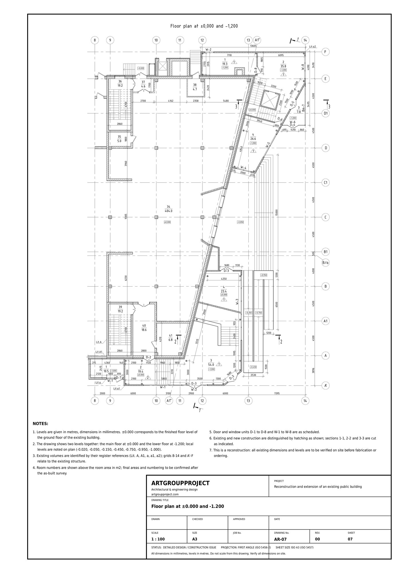 AR-07   Floor plan at  0.000 and -1.200